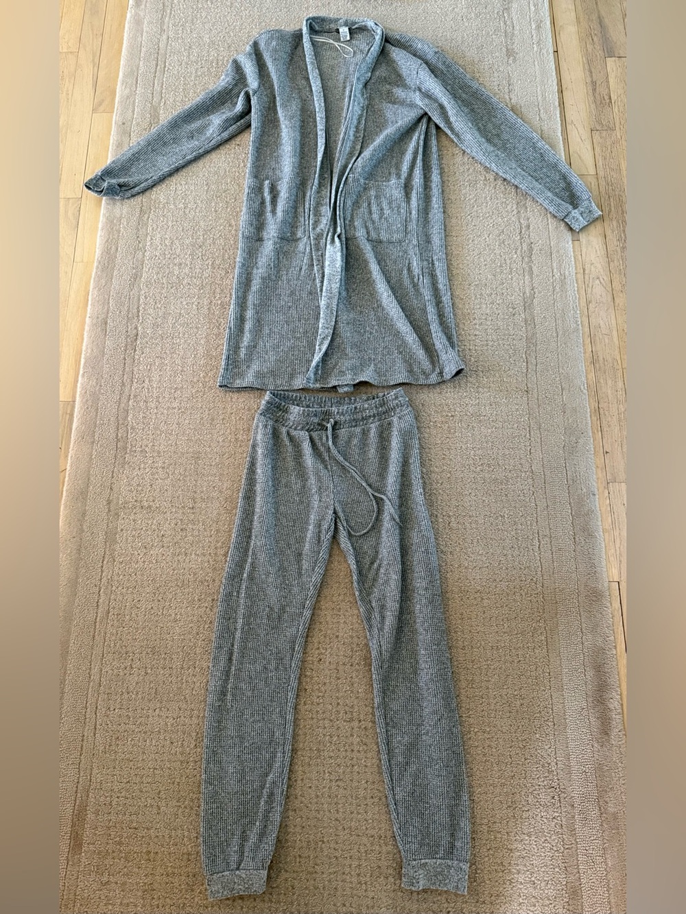 Better Together Lounge Set  M Gray Waffle Knit Cardigan Joggers 2 Piece Outfit